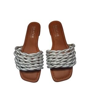 Sulafah Womens Metallic Silver Braided Leather Slide Sandals Square Toe Flats